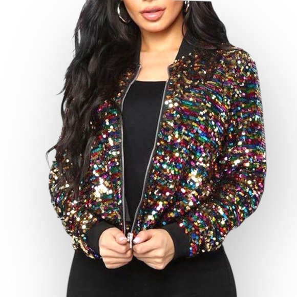 CRESAY Multi Colored Sequined Bomber Jacket Size X-Large Black NWT Hollywood!! - Picture 1 of 14